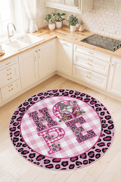 Home Pembe Kare Desenli Siyah Leopar Çerçeveli Kaymaz Taban Mutfak Halısı