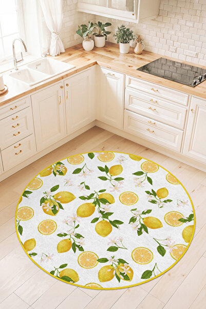 Home Sarı Limon ve Çiçek Desenli Ferah Görünümlü Yıkanabilir Mutfak Halısı