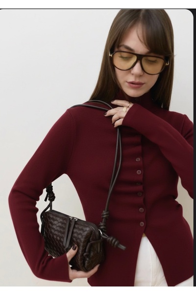 CADDELAMODA Mock Neck Draped Knitwear Cardigan