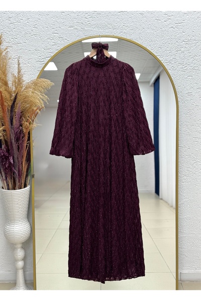 BENAHOLL Gülhan Glittery Wave Patterned Balloon Sleeve Dress-Pa9818 Claret Red