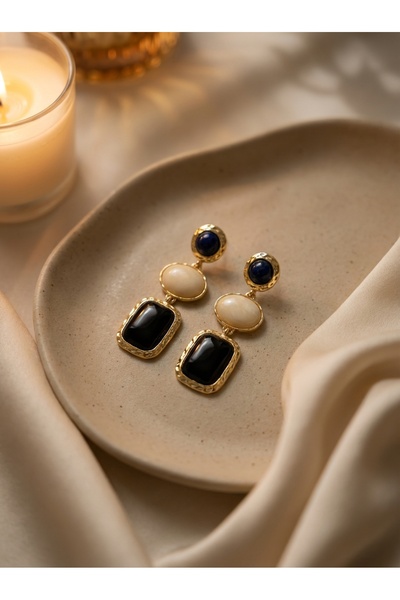 SR Jewelry Box Üç Taşlı Sallantılı Kadın Küpe – Lacivert Krem Siyah Taşlı Alt...