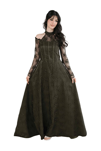 Nice Model Elegant Green Lace Evening Gown with Corset Bodice and Sheer Long ...
