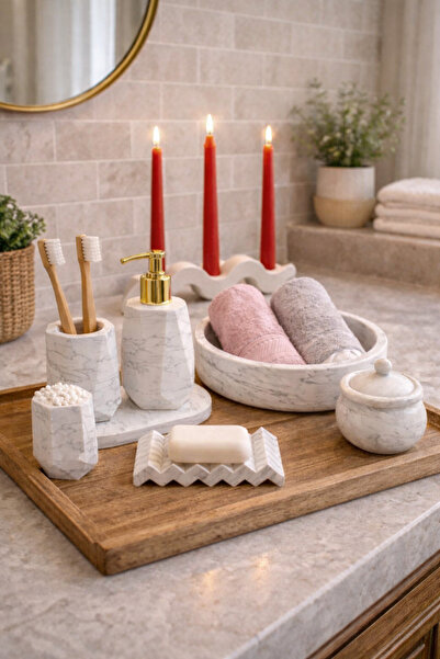 lufen deco Mermer Desenli 8'li Banyo Seti Dekoratif Beton Aksesuarlar Katı Sı...