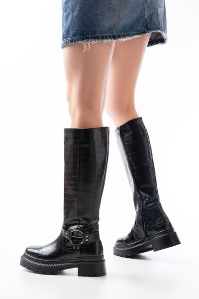 I Love Shoes Lumio Siyah Desenli Fermuarlı Günlük Kadın Çizme