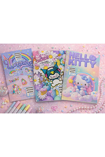 Srctech 3'lü (Kuromi -Hello Kity - Unicorn) Stickerlı Boyama Kitabı - Her Kit...