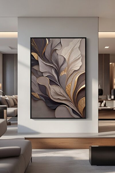 hollywest Lüks Bej & Füme Yaprak Formlu Duvar Sanatı | Modern Çerçeveli Tablo