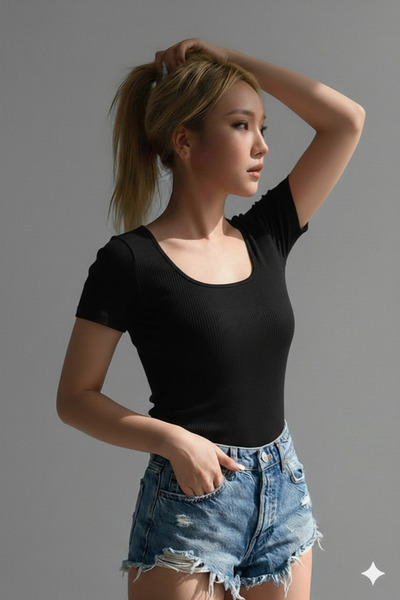 RİEMA Women's Basic Short Sleeve Lycra Ribbed Premium U, Square Neck Slim Fit...