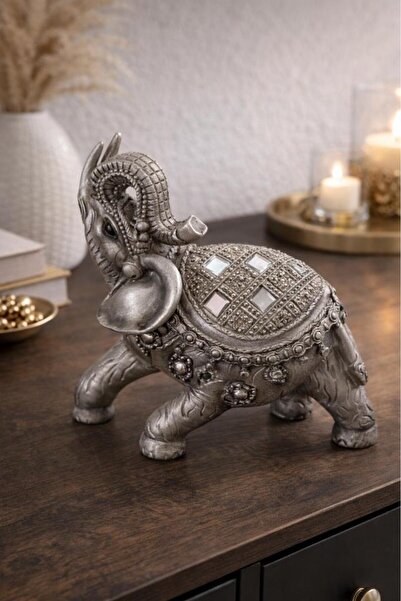 Hd Marketim Gümüş Tonlu İşlemeli Taşlı Fil Biblo – Vitrin & Raf İçin Dekorati...