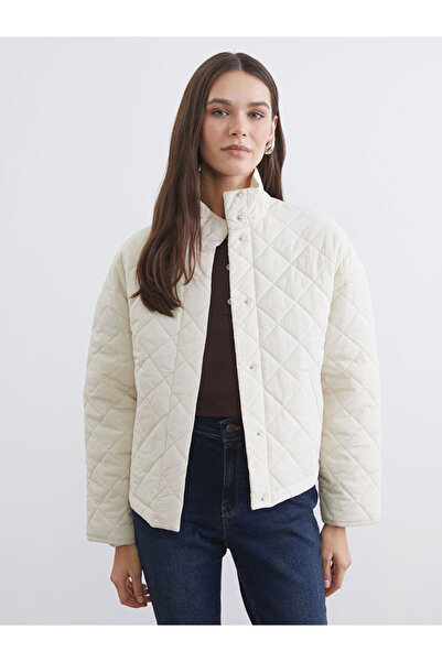 LC Waikiki Ecru Stand Collar Diamond Patterned Women's Puffer Coat