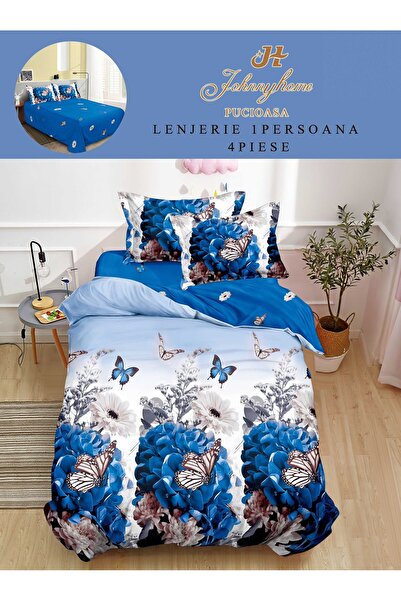 trendyhome Lenjerie Pat 1 Persoană 4 Piese, Bumbac Finet, Imprimeu Modern