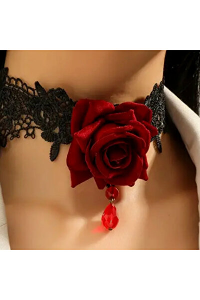 darko Güllü Dantelli Siyah Kırmızı Bordo Kolye Vintage Gotik Gerdanlık Kolye ...