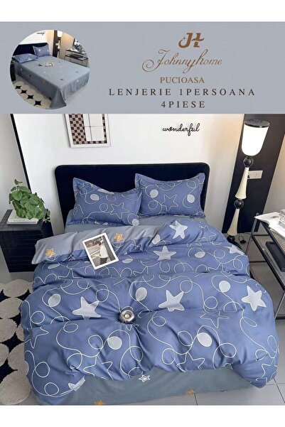 trendyhome Lenjerie Pat 1 Persoană 4 Piese, Bumbac Finet, Imprimeu Modern