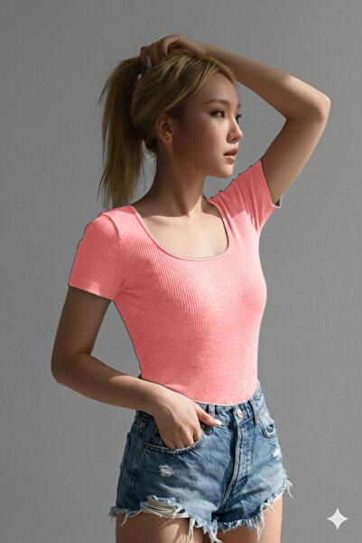 RİEMA Women's Basic Short Sleeve Lycra Ribbed Premium U, Square Neck Slim Fit...