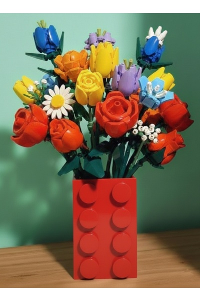 Mutlu Tasarım Lego Çiçekleri İle Uyumlu Vazo Hediyelik Vazo (Çiçekler Dahil D...
