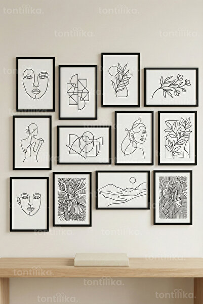 Tontilika 12 Parça Modern Line Art & Abstract 2 Renk Seçenekli Çerçeve Görünü...