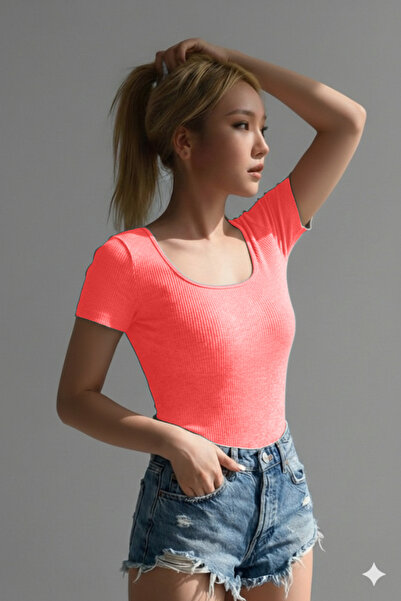 RİEMA Women's Basic Short Sleeve Lycra Ribbed Premium U, Square Neck Slim Fit...