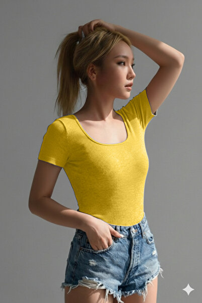 RİEMA Kadın Basic Kısa Kollu Likralı Fitilli Premium U,Kare Yaka Slim Fit Örm...