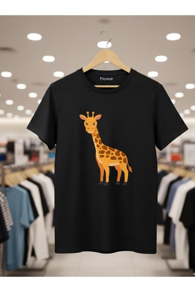 playwear PLAY WEAR Унисекс тениска с кръгло деколте и щампа на бебе жираф