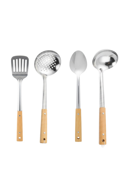 Generic Modern and elegant steel cooking spoon set with wooden handles