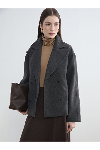 LC Waikiki Anthracite Double-Breasted Yaka Oversized Women's Cashmere Coat