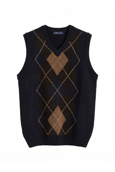 LC Waikiki Navy Blue V-Neck Diamond Patterned Men's Knit Sweater