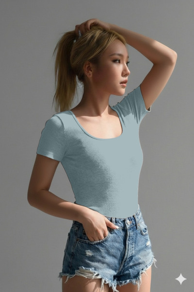 RİEMA Women's Basic Short Sleeve Lycra Ribbed Premium U, Square Neck Slim Fit...