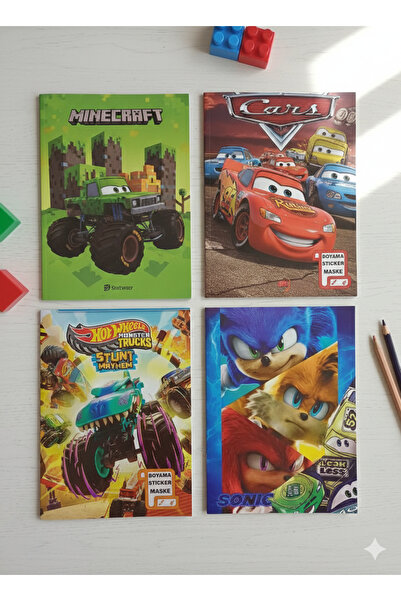 Srctech 4'lü (Sonic-Hot Whels-Minecraft-Cars) Stickerlı Boyama Kitabı - Her K...