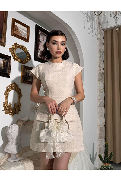 Dilek Vardar Beige Women's Tweed Stylish Mini Dress