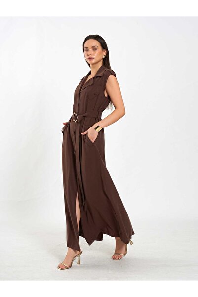 Coral Kolsuz Kendinden Kuşaklı Uzun Elbise 111702 Kahve