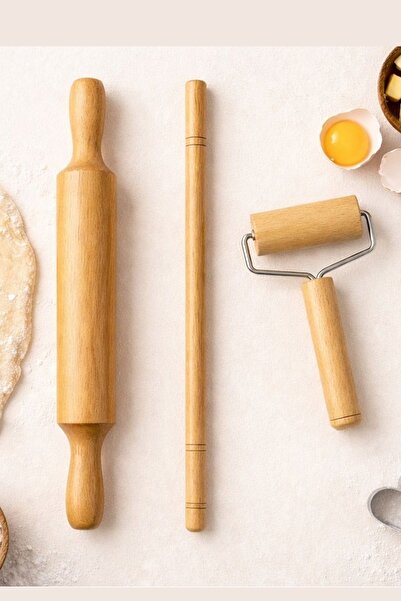 Kitchen Beauty Ahşap 3'lü Oklava Merdane Seti Hamur Açma Rulo Merdanesi