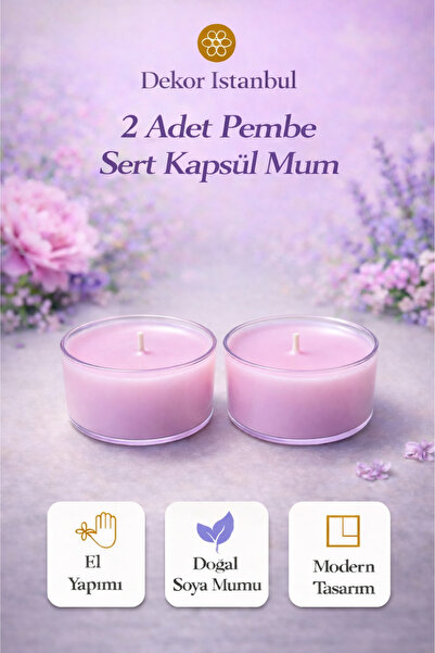 Dekor İstanbul 2 Adet Pembe Sert Kapsül Mum | El Yapımı Doğal Soya Mumu Moder...