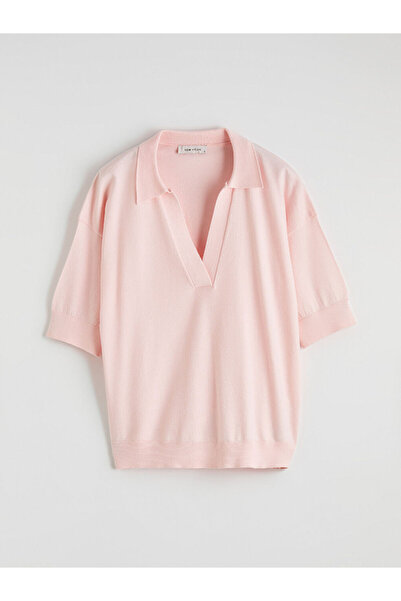 LC Waikiki Ροζ Πόλο Γιακά oversized Γυναικείο Πλεκτό Πουλόβερ