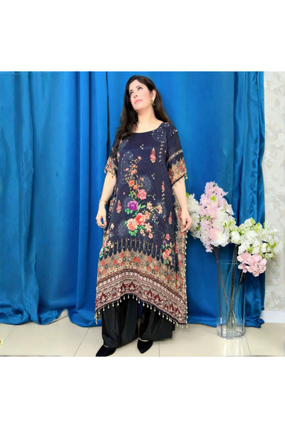 MYSMAR Blue & Black Chinon Silk Kuftan - ALN1004 | Blue & Black