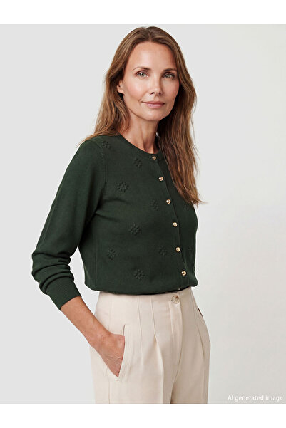 LC Waikiki Khaki Crew Neck Self Patterned Women's Knitwear Cardigan