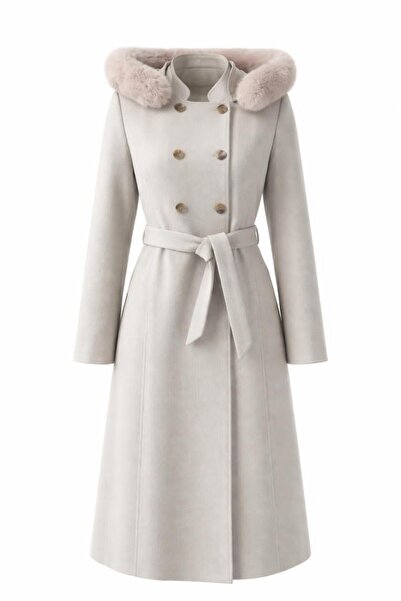 ESİN GİYİM Kruvaze Düğmeli Kuşaklı Kapşonlu Kaşe Kaban