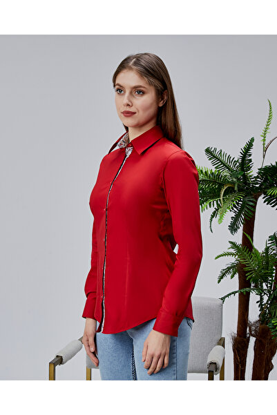 FARQIN K. Red Albina Elastane Satin Fabric Detailed Slim Fit Women's Shirt