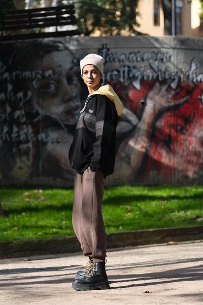 Nani Collection Nani | Siyah Rengi, Renkli Çizgili Kumaş Oversize Unisex Sweatshirt(