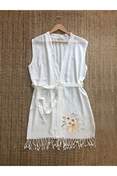 Kidilia Tropical Floral Patterned Buldan Bamboo Sleeveless Peshtemal Kimono B...