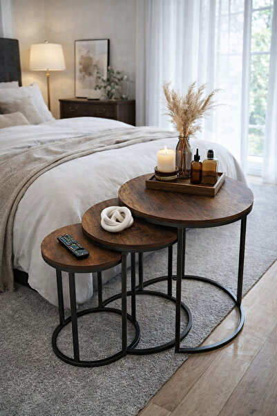 DZGN HOME Sumato 3'lü Metal Siyah Ceviz Ahşap Yuvarlak Zigon Sehpa Takımı Ort...