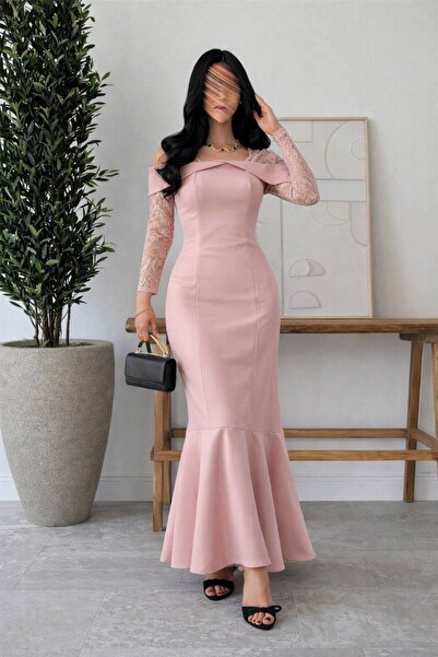Bamah Soft, long, flesh-toned dress with lace