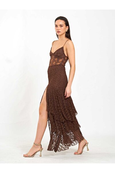 Coral Katlı Yırtmaçlı Dantel Etek 041177 Kahve