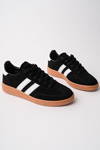 ALFHA Süet Siyah Termo Taban Yanı Beyaz Şeritli Ortopedik Tabanlıklı Bağcıklı...