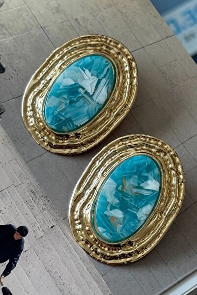 Trendy Butik Vip Blue Stone Plate Earrings