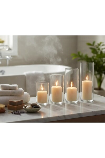 GLASSY Kristal Netliğinde Saf Zarafet: 4’lü El İşçiliği Silindir Vazo & Mumlu...