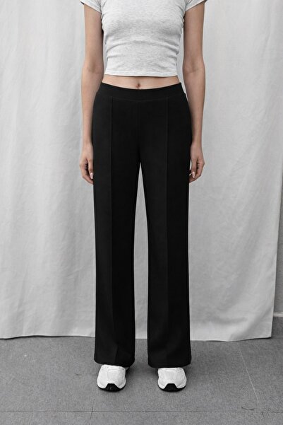 olleo studio Kadın Siyah Modal Kumaş Geniş Paça Eşofman Altı