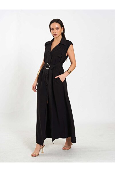 Coral Sleeveless Self-Tie Belted Long Dress 111702 Black