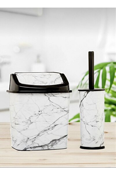 ALY DURU Bathroom Set Trash Can and Wc Toilet Brush Set of 2 White Marble Pat...