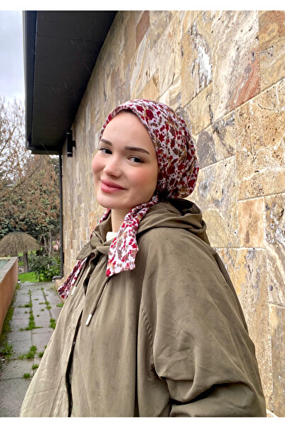 Anatolye Beyaz Bordo Çiçek Desen Tülbent Eşarp Bone - Kaymaz Terletmez (Kayma...