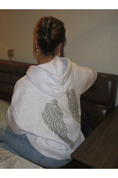 WHITE OF CREATIVE Women's Angel Wings Printed Oversize Hoodie 3 Thread Hooded...