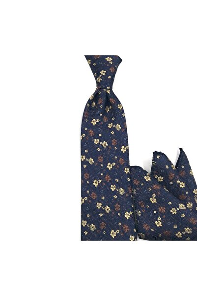 Sade Kravat Lacivert Kahve Sarı Çiçek Desenli Mendilli Kravat 32878 Lacivert